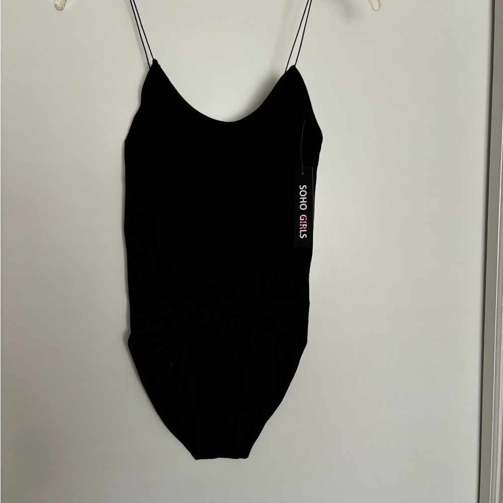Black Bodysuit Spaghetti Strap V Neck Stretch Fitted Basic Top